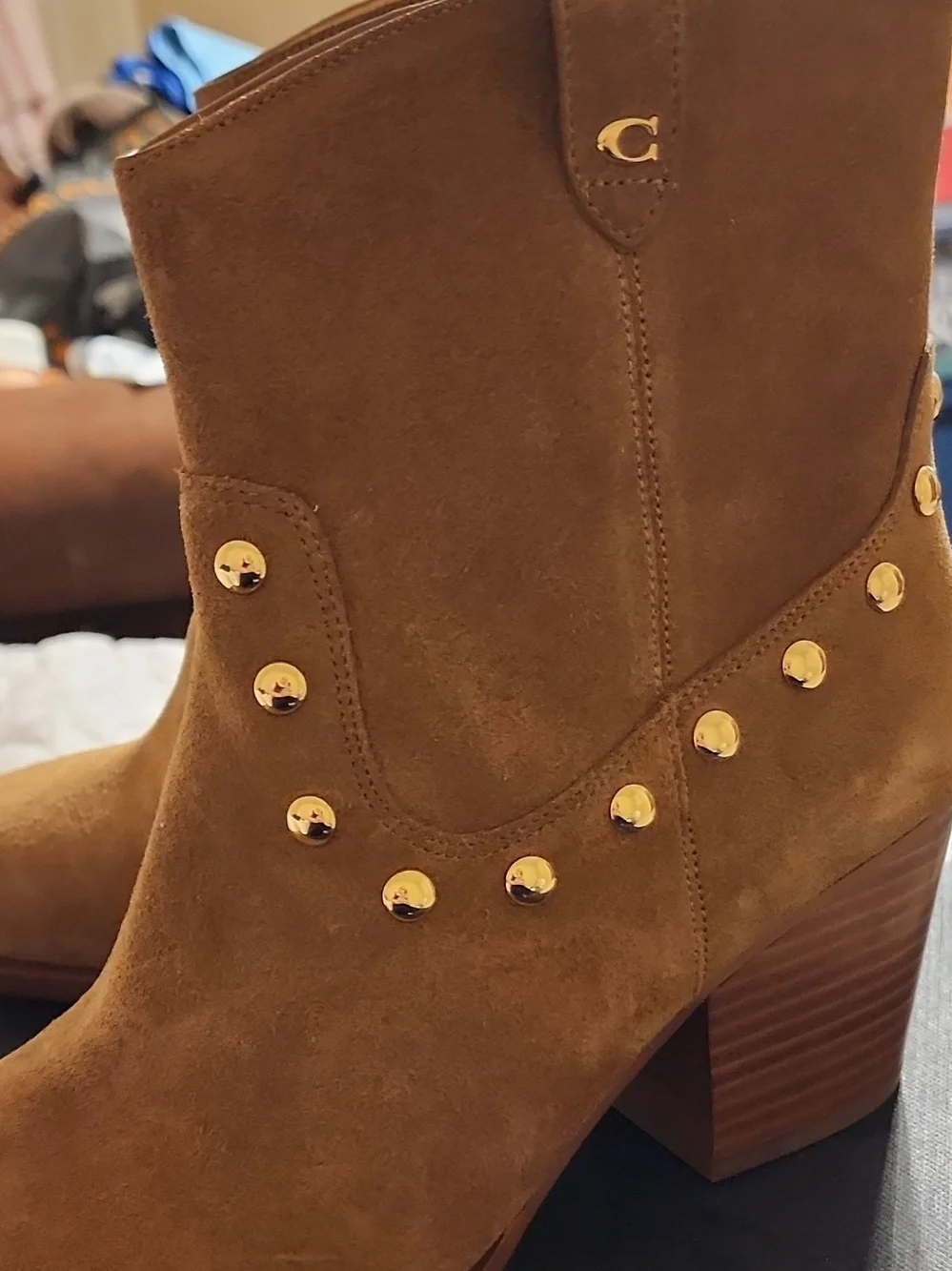 Coach Brown Suede Gold-Stud Ankle Booties